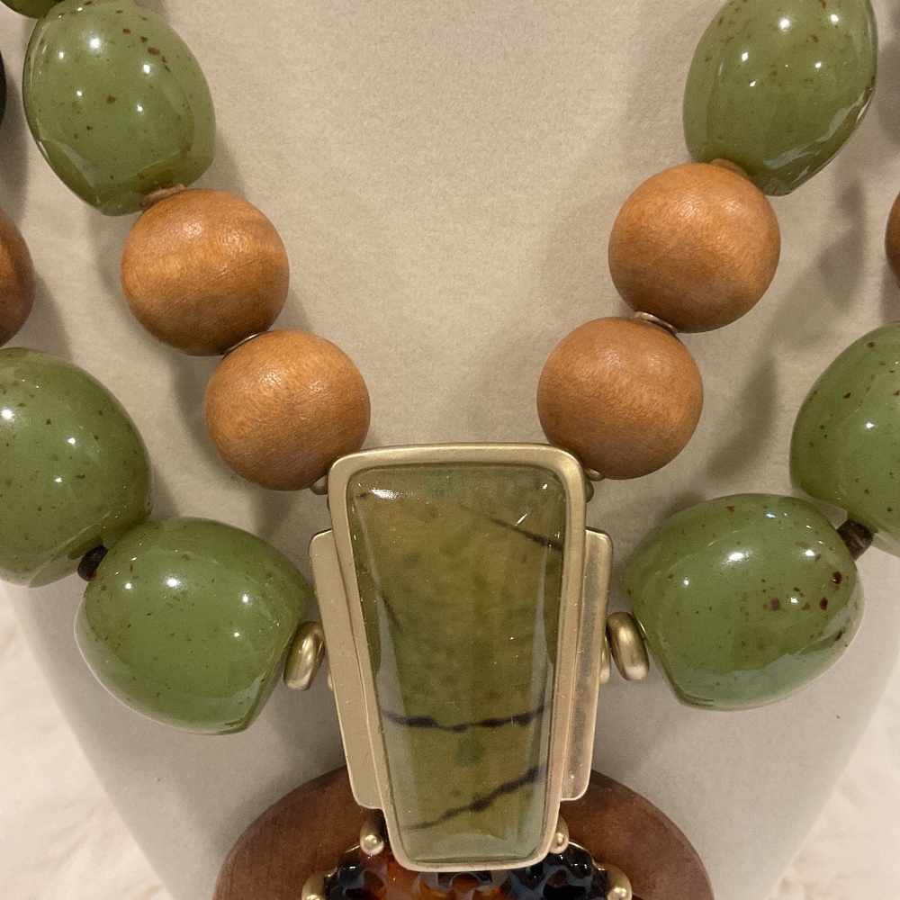 Chico’s Olive Green Stone and Wood Pendant Necklace - Picture 2 of 5